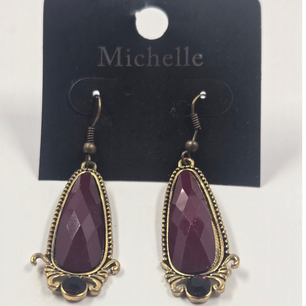 Michelle Burgundy Teardrop Dangle Earrings Antique Gold Tone Ornate Scrollwork